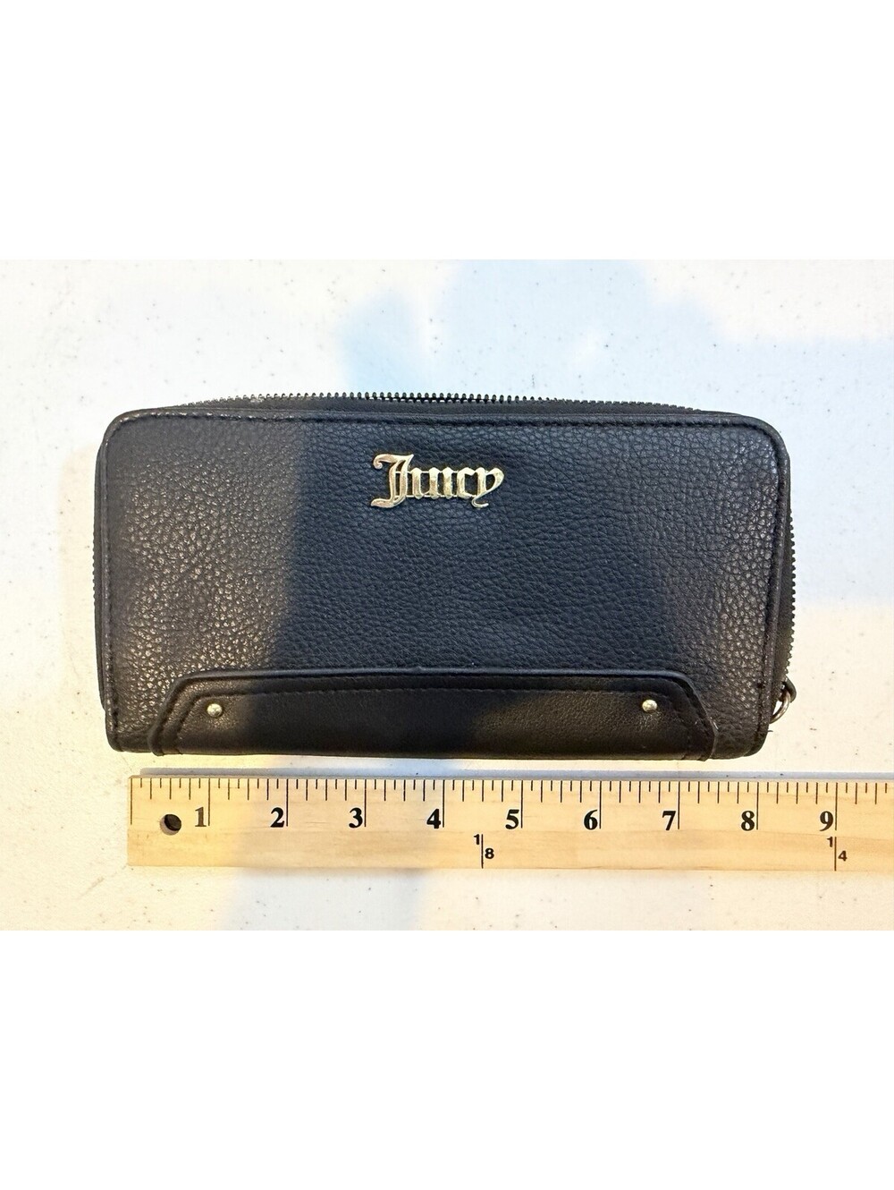 Juicy Couture Black Leather Zip Around Continental Wallet Gold Logo Y2K